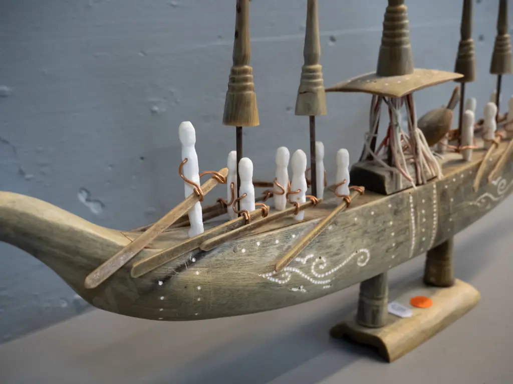 carved horn and timber model asian style dragon boat with copper wire, cord decoration, etc - one side sun-faded, some Image 1++