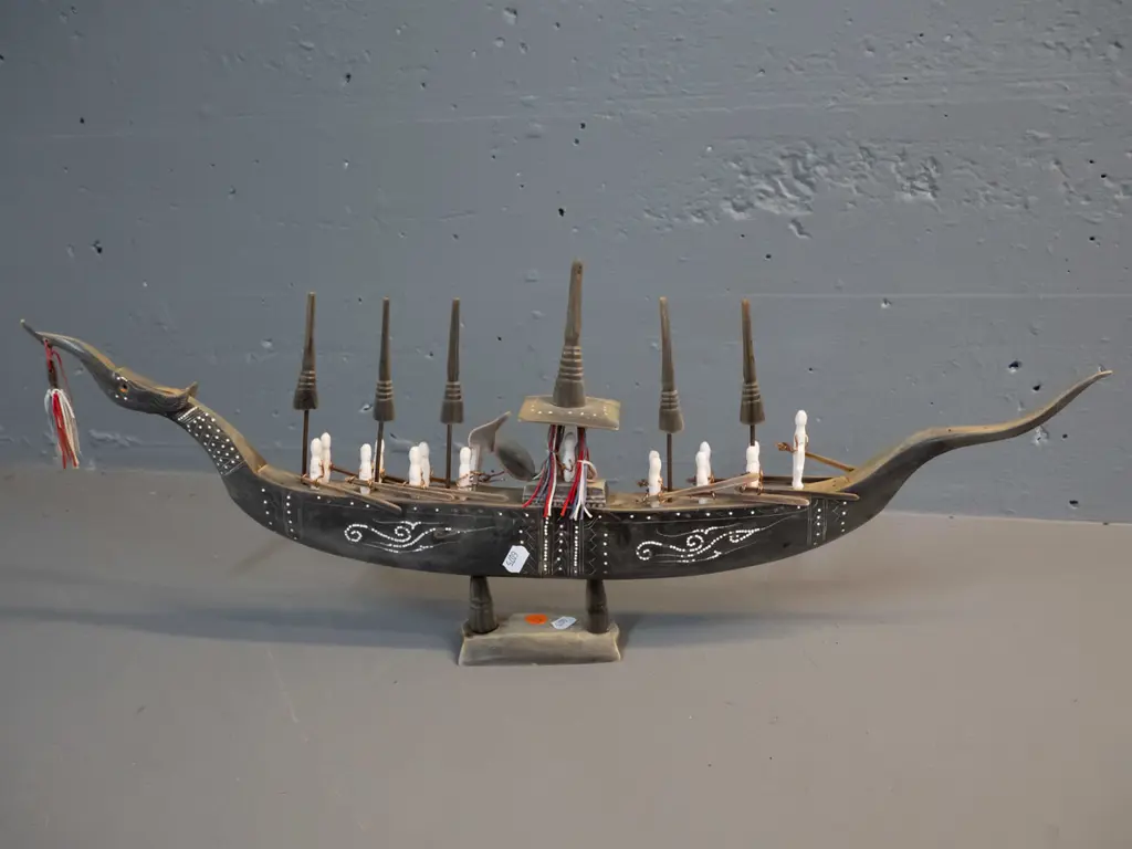 carved horn and timber model asian style dragon boat with copper wire, cord decoration, etc - one side sun-faded, some Image 1++