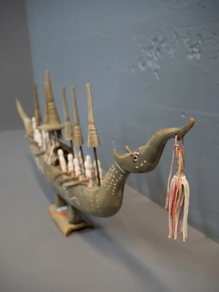 carved horn and timber model asian style dragon boat with copper wire, cord decoration, etc - one side sun-faded, some Image 1++