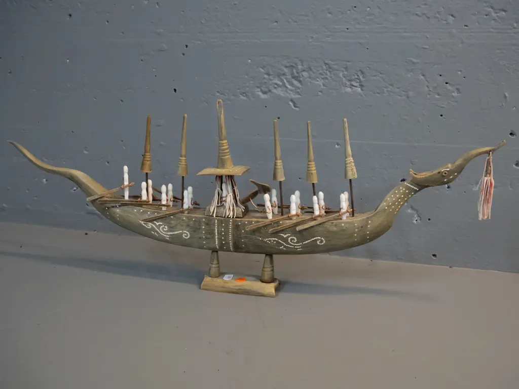 carved horn and timber model asian style dragon boat with copper wire, cord decoration, etc - one side sun-faded, some Image 1++