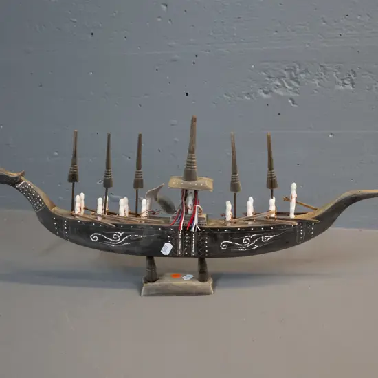 carved horn and timber model asian style dragon boat with copper wire, cord decoration, etc - one side sun-faded, some