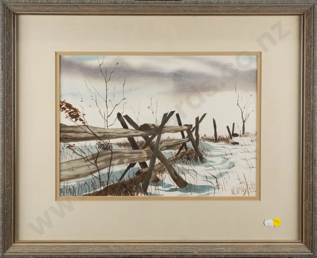 W McKnight - framed watercolour - fence in snow H-240 W-340 Image 1++