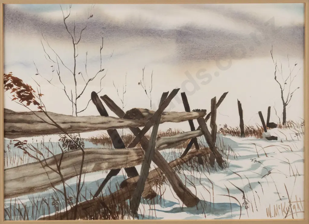 W McKnight - framed watercolour - fence in snow H-240 W-340 Image 1++
