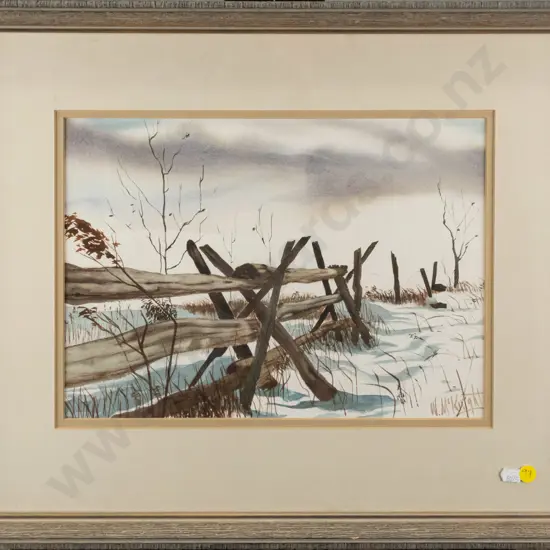 W McKnight - framed watercolour - fence in snow H-240 W-340
