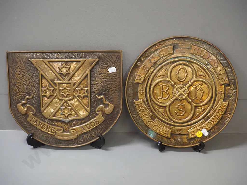 pair of pressed brass wall hanging Otago Boys High School emblems with mottos - round one is D-275 Image 1++