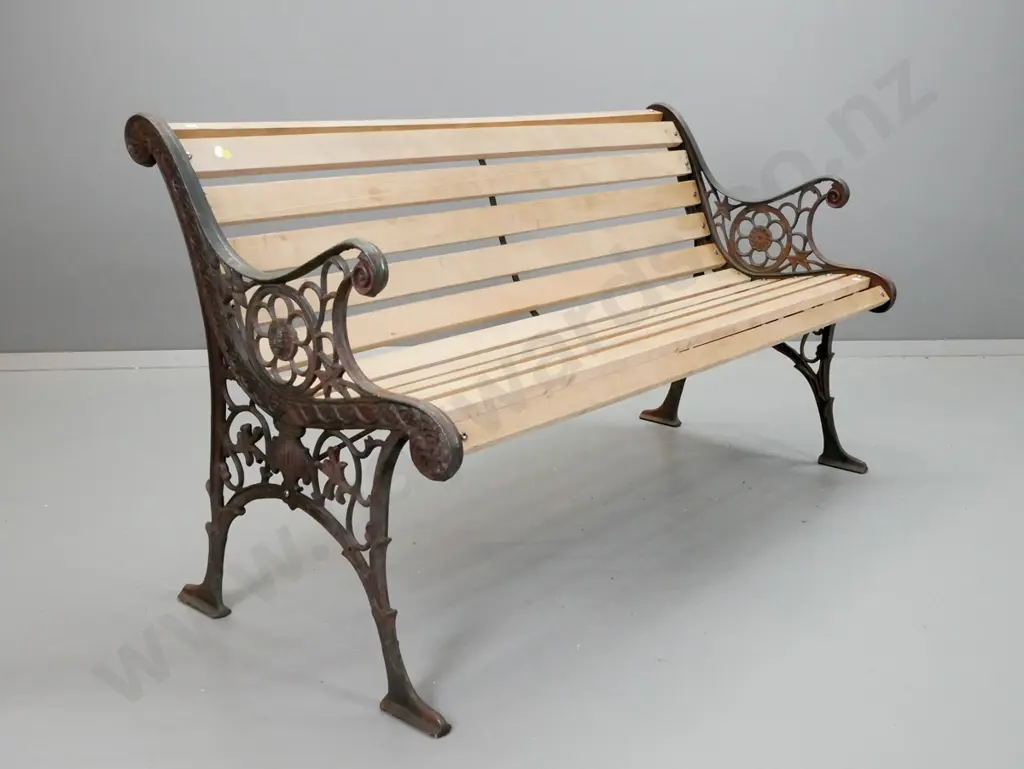 2-seater garden bench with cast iron ends & new timber slats H-720 W-1260 D-565 Image 1++