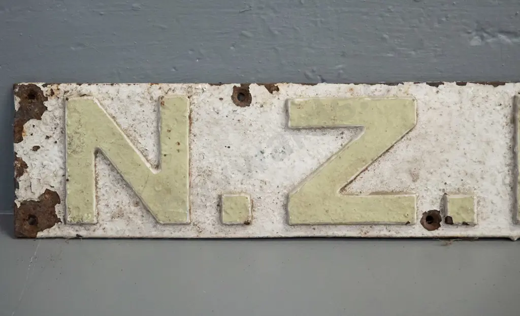 painted cast metal raised lettering N.Z. Railways with screw holes for mounting. Corrosion and paint chipping H100 W1000 Image 1++
