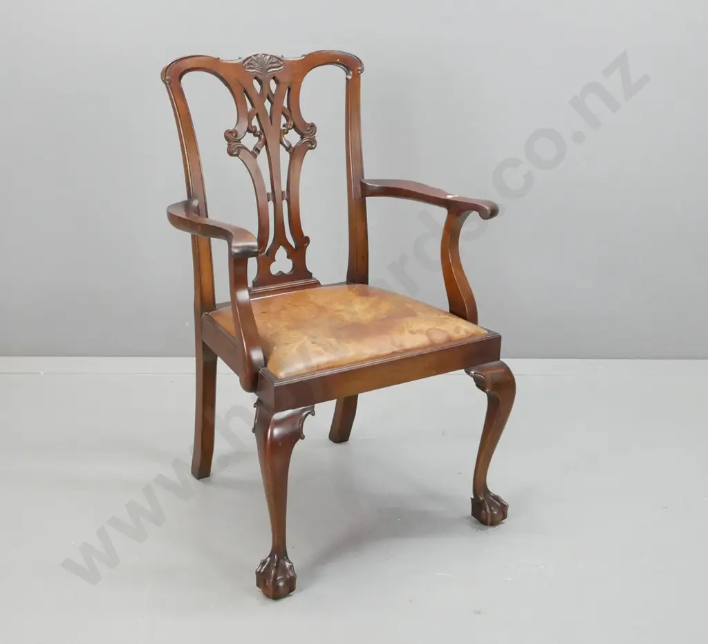 vintage Chippendale style open-armed armchair with pierced back splat, leather pop-out seat, claw & ball front feet - Image 1++