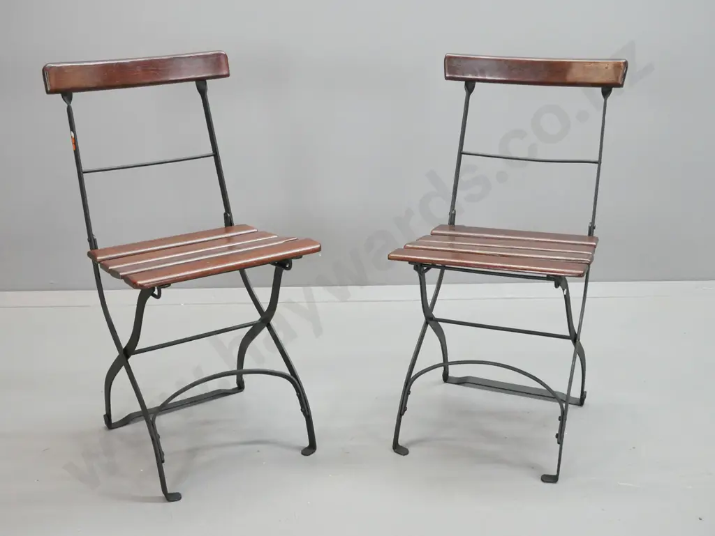 2 restored vintage folding cafe chairs made by J.W. Faulker for 1925 South Seas Exhibition - jarrah timber slat and cast Image 1++