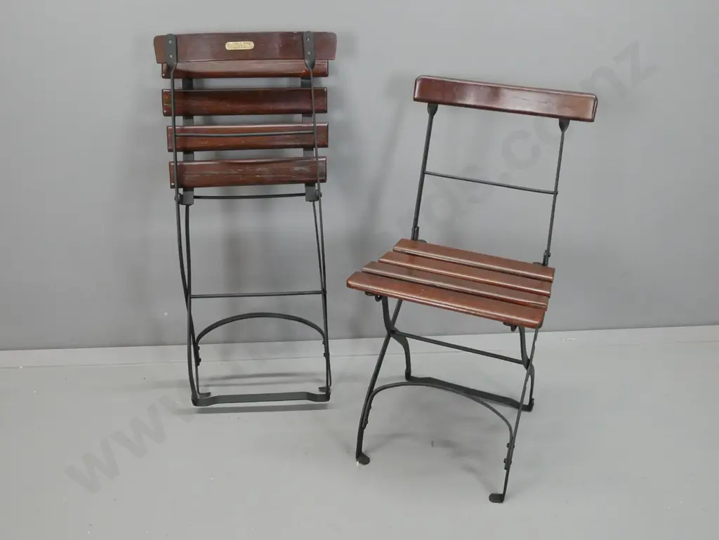 2 restored vintage folding cafe chairs made by J.W. Faulker for 1925 South Seas Exhibition - jarrah timber slat and cast Image 1++