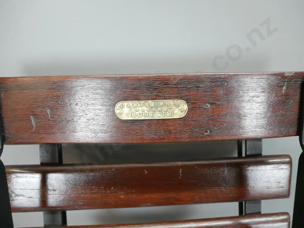 2 restored vintage folding cafe chairs made by J.W. Faulker for 1925 South Seas Exhibition - jarrah timber slat and cast Image 1++