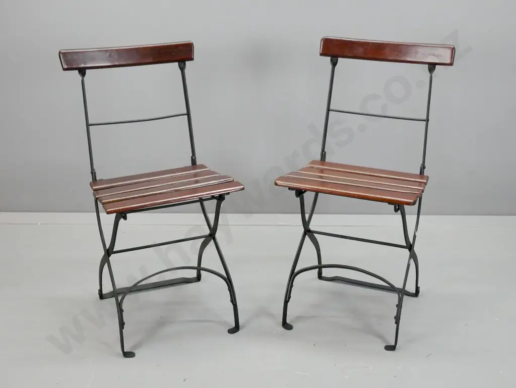 2 restored vintage folding cafe chairs made by J.W. Faulker for 1925 South Seas Exhibition - jarrah timber slat and cast Image 1++