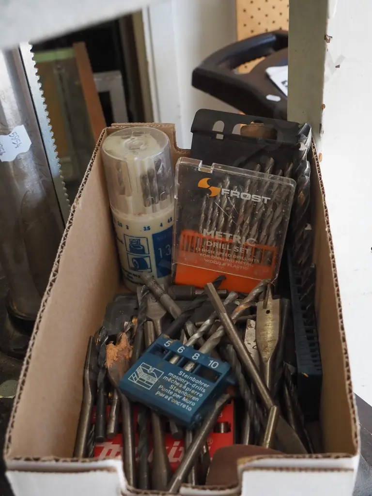 Ryobi 5 speed drill press on homemade stand with box of drill bits and rods Image 1++