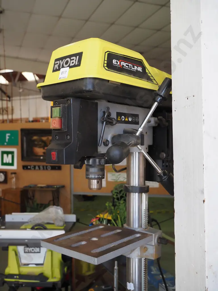 Ryobi 5 speed drill press on homemade stand with box of drill bits and rods Image 1++
