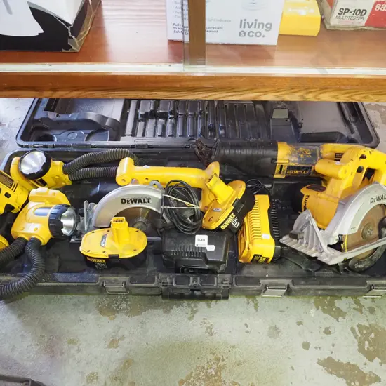 De Walt plastic cased battery tool set; skilsaws, reciprocationg, drills, batteries, chargers