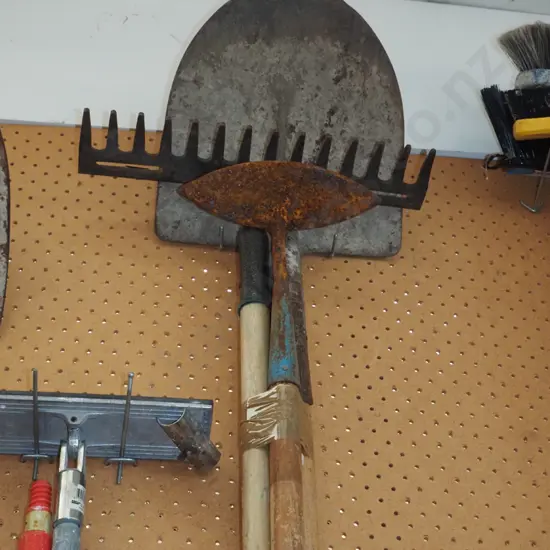 garden tools; shovel, rake, hoe