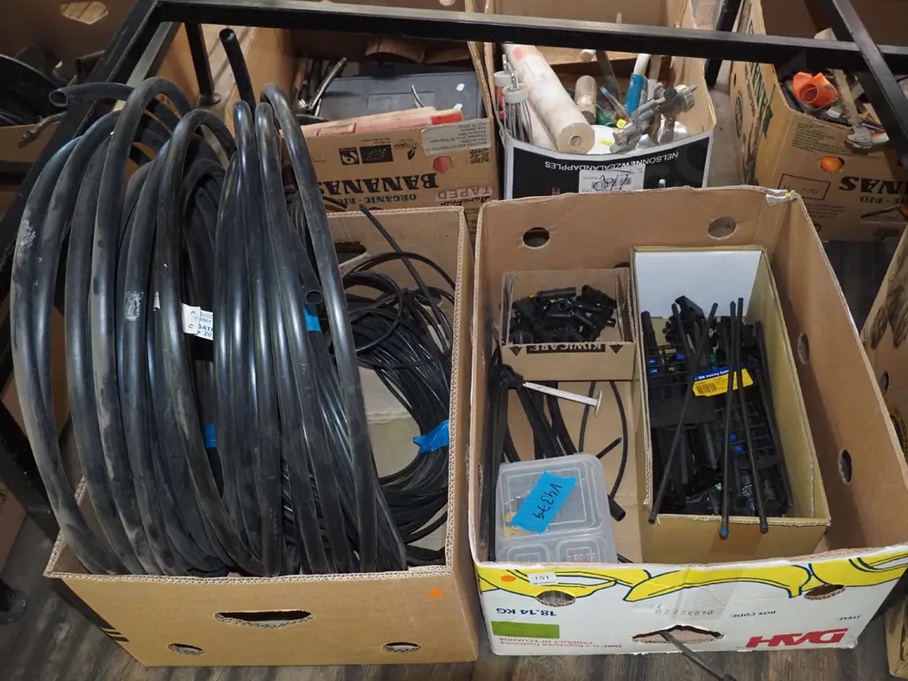 2x boxes of garden irrigation supplies; joiners, pipes, sprinklers etc - orange dots Image 1++