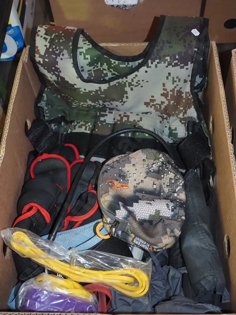 box; exercise equipment; weight vest, hand weights, ankle weights, rubber band etc Image 1++