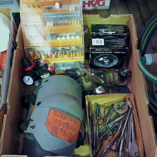 box; knee pads, hand planes, rotary tool accessory kit etc