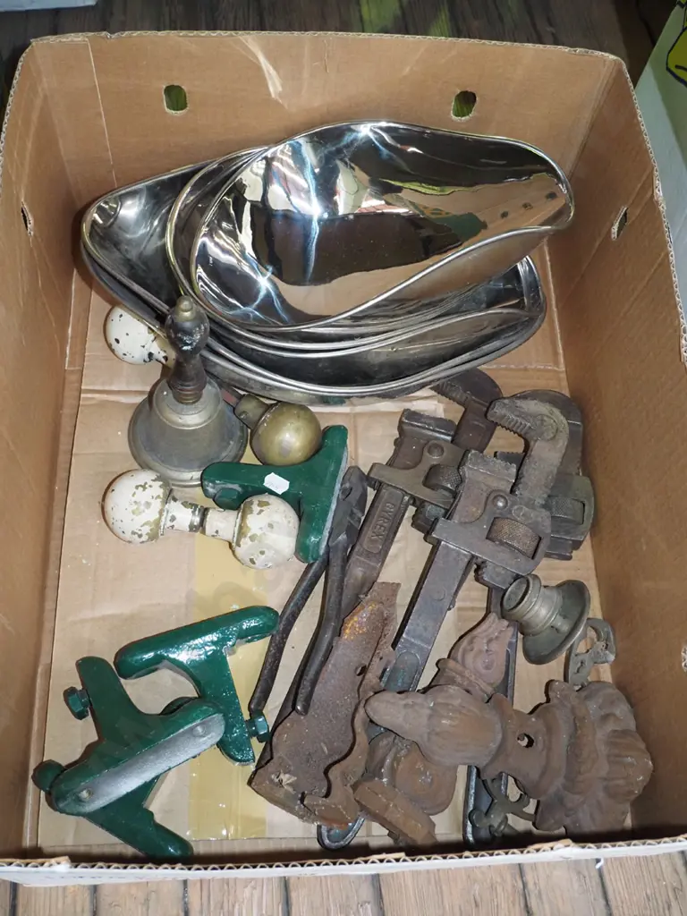 box; plumber's stilsons, wall mounted brackets, stainless steel pouring bowls etc Image 1++