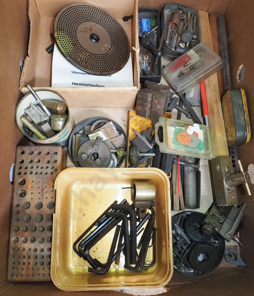 box; allen keys, brass bits, wooden drill bit stands etc Image 1++