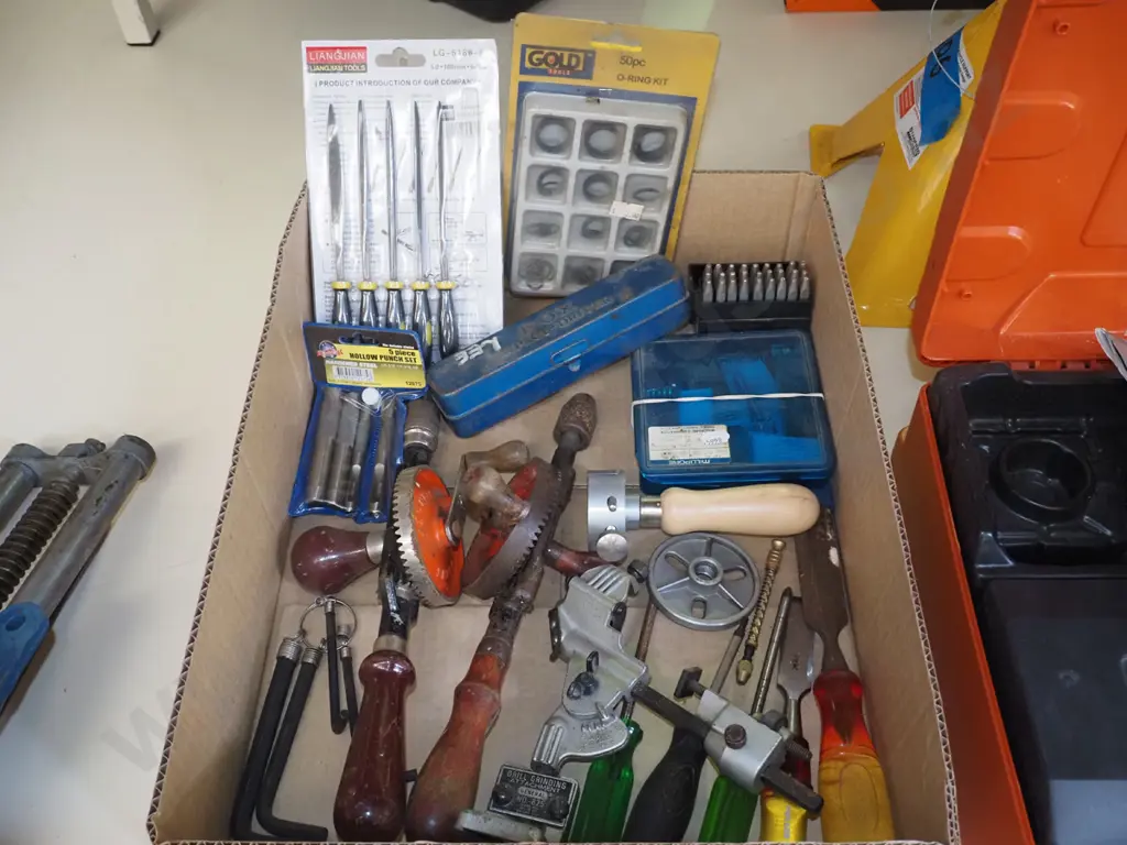 box; eggbeater drills, chisels, engineer's punch etc Image 1++