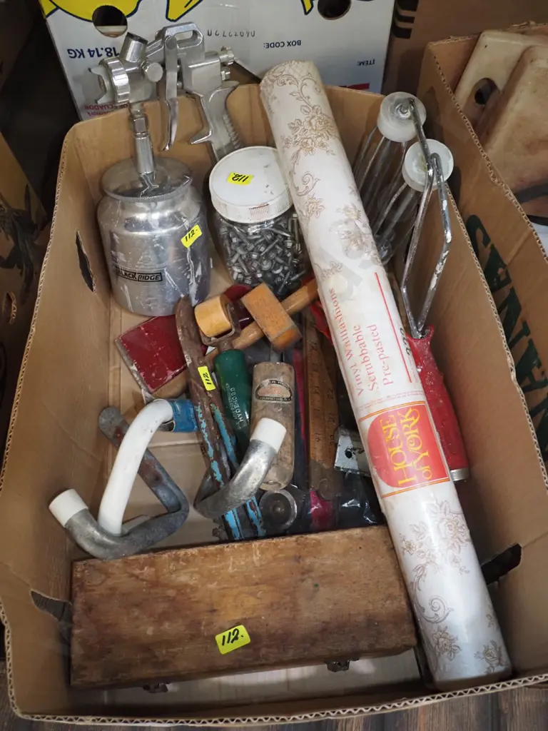 box; tech screws, Black Ridge air powered paint sprayer, vintage wallpaper etc Image 1++