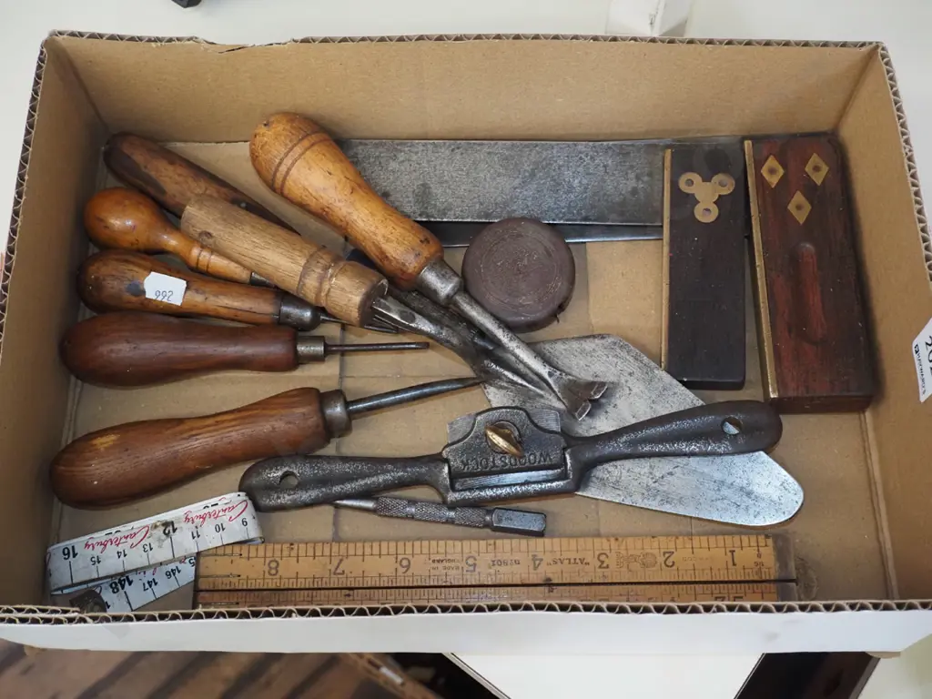 box; builder's squares, trowels, spoke shave etc Image 1++