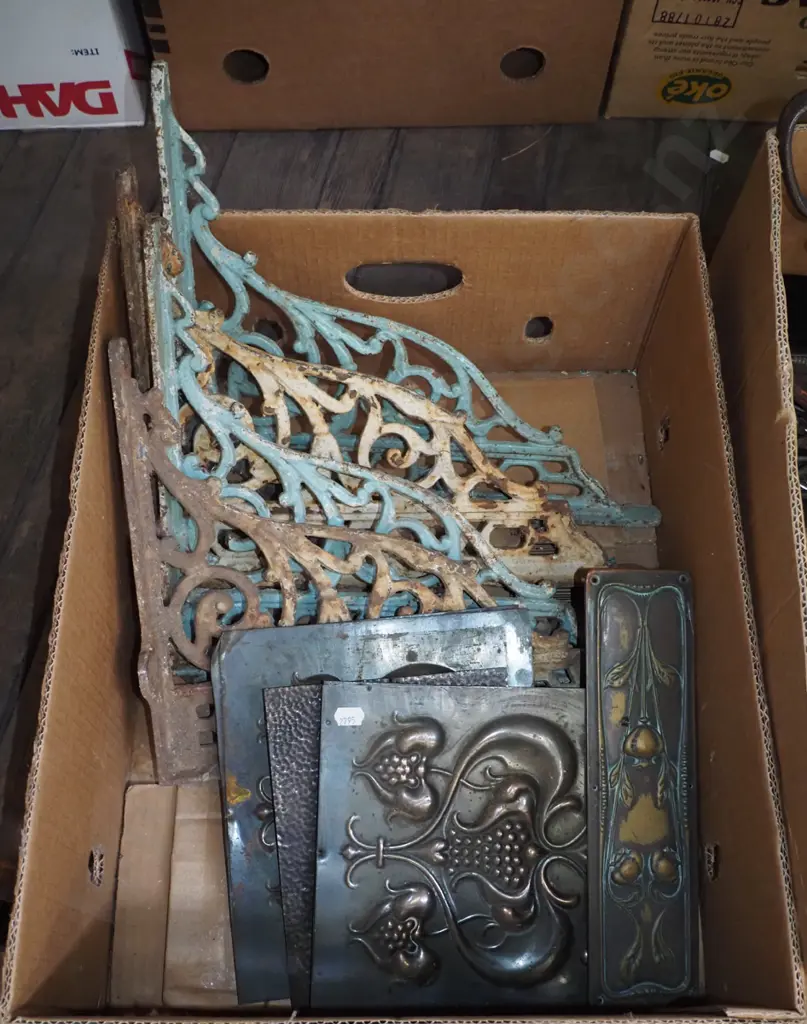 box; cast iron shelf brackets, pressed copper art nouveau panels Image 1++