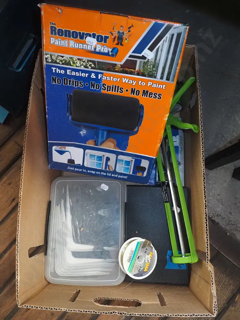 box; shelf brackets, caulking gun, paint Runner Pro etc Image 1++