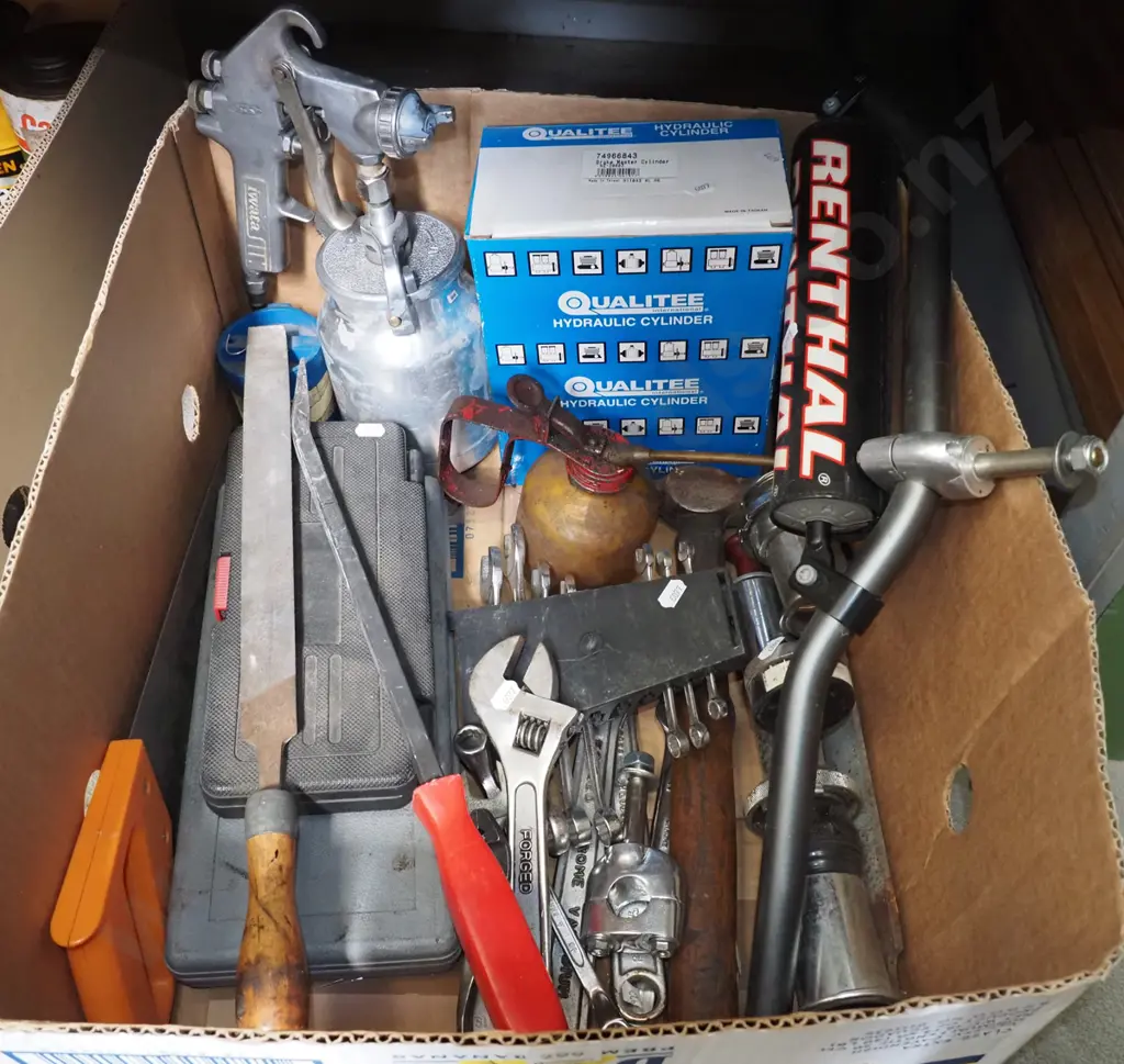box; motorcycle handle bars, hand saw, crescent etc Image 1++