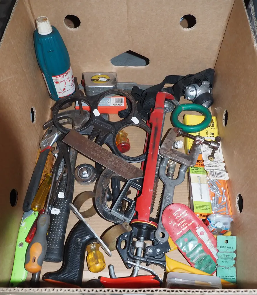 box; caulking gun, hammer, adjustable crescent etc Image 1++