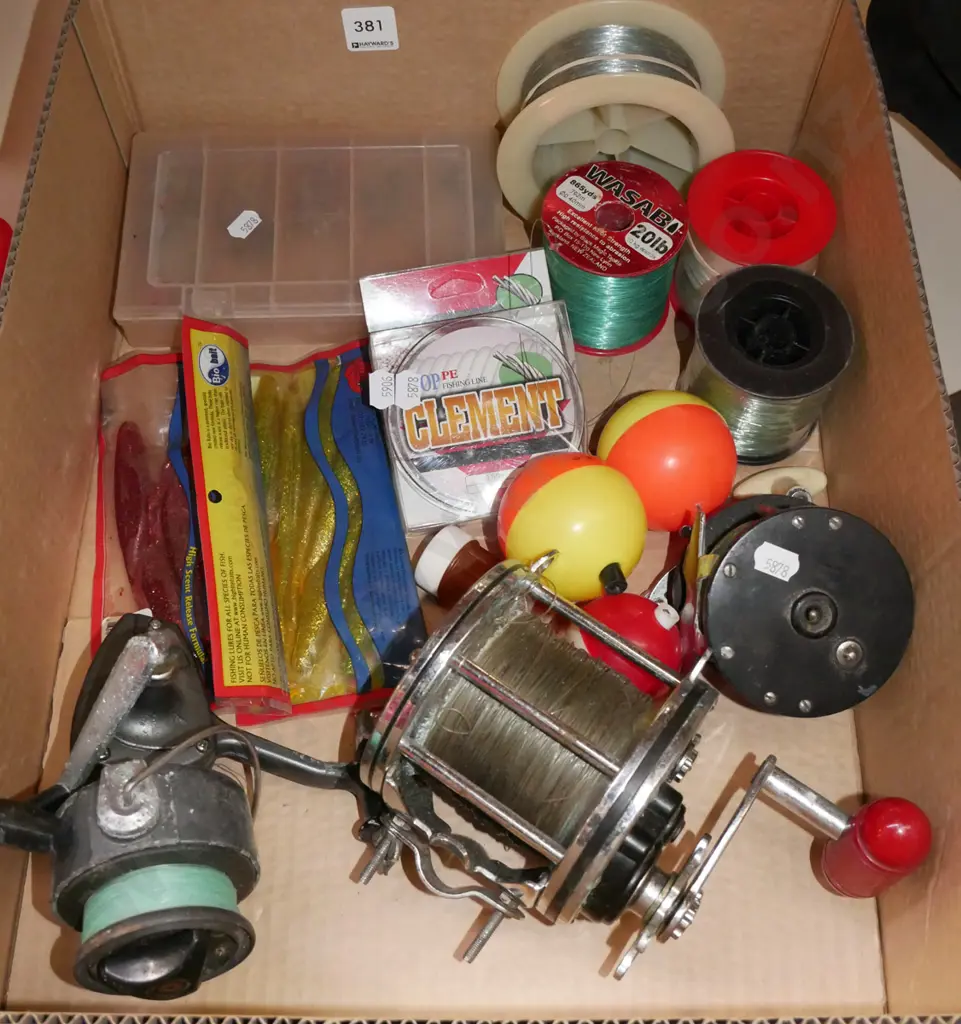 box; fishing reels, lures, lines etc Image 1++