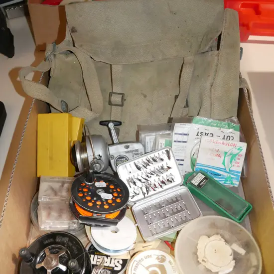box; fishing gear; reels, flies, hooks etc