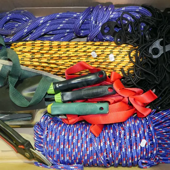 box; ropes, garden tools, elastic cargo net etc