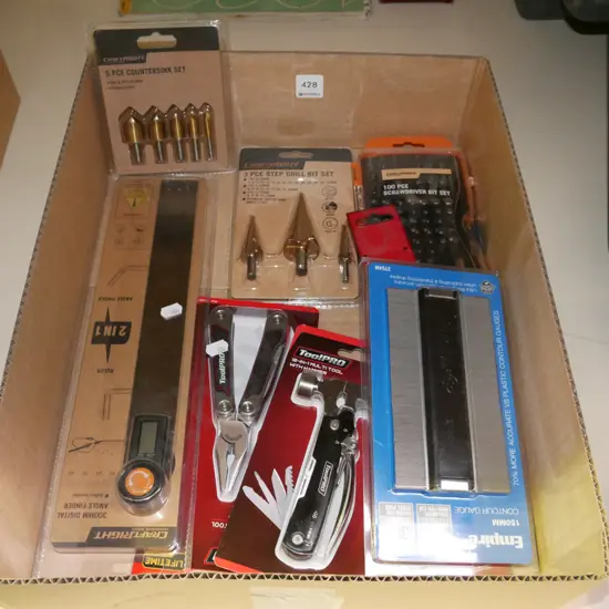 box; screwdriver bit set, angle finder, contour gauge etc