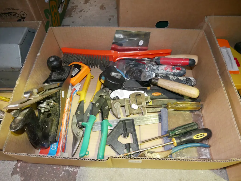 box; hand plane, plumber's stilsons etc Image 1++