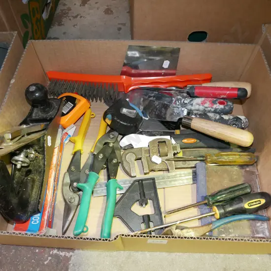box; hand plane, plumber's stilsons etc