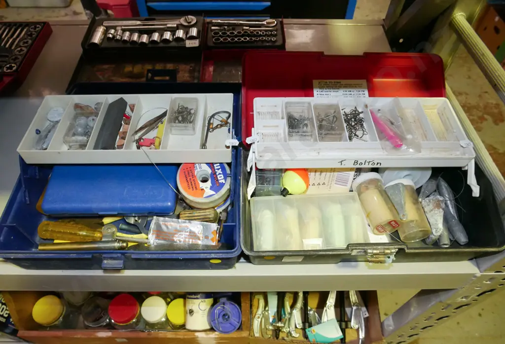 2x tackle boxes and contents; line, hooks etc - yellow dots Image 1++