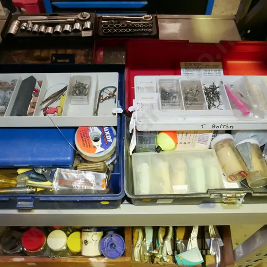 2x tackle boxes and contents; line, hooks etc - yellow dots