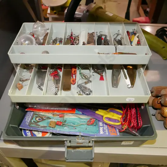 tackle box; lures, fishing knife etc