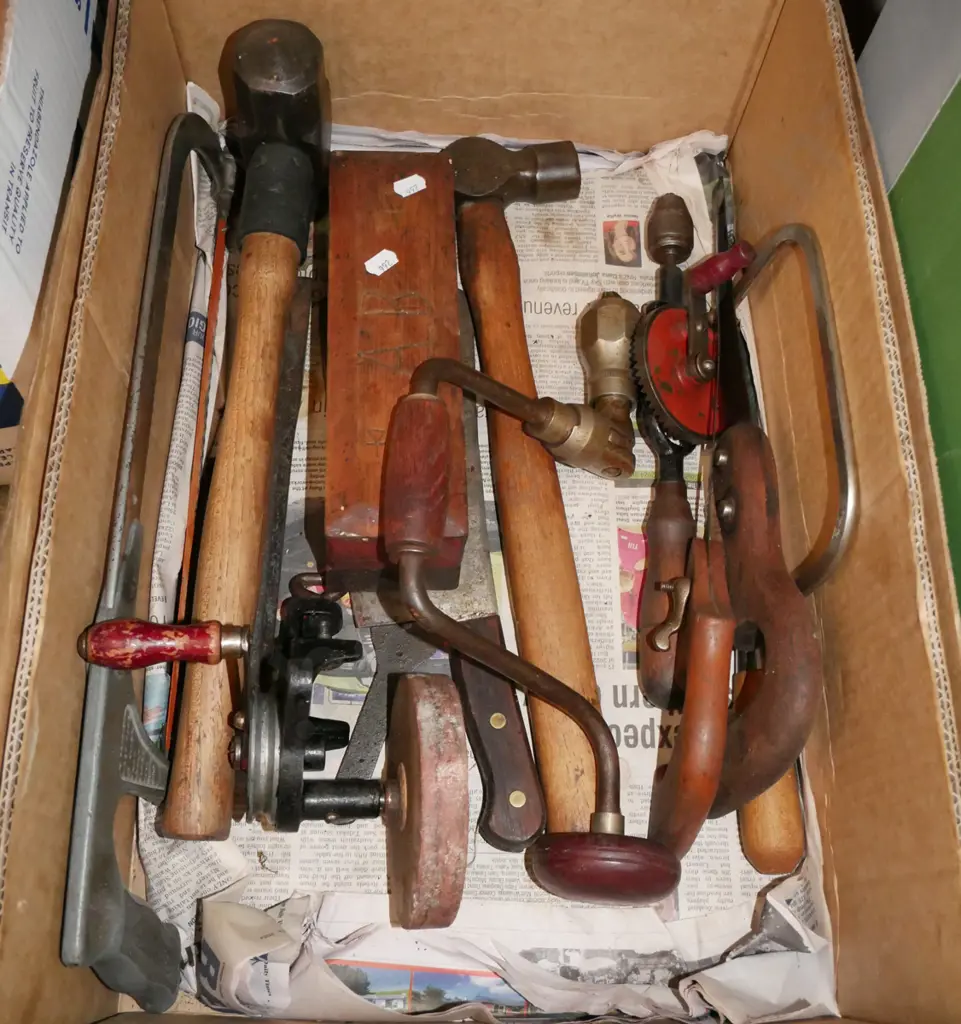 box; vintage tools, caulking hammer, sharpening stone, hand saws etc Image 1++