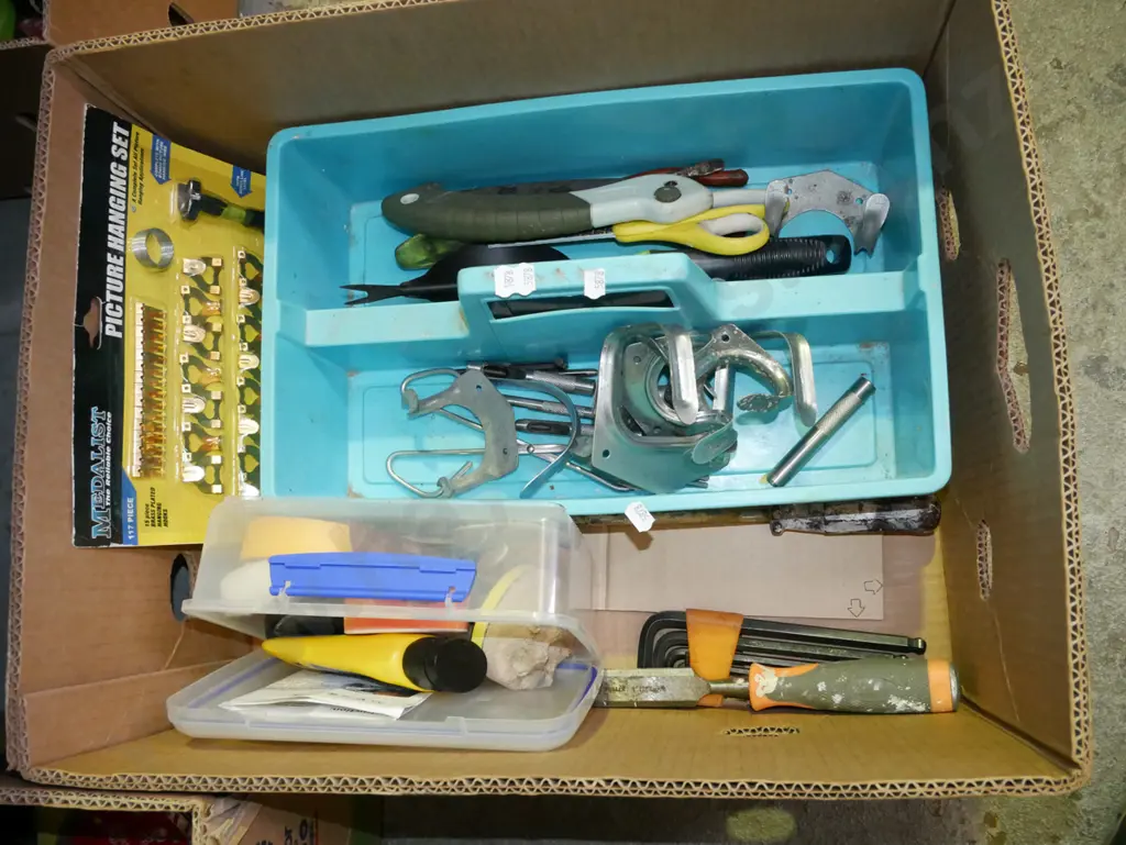 box; gardening tools, hanging hooks, picture hooks etc Image 1++