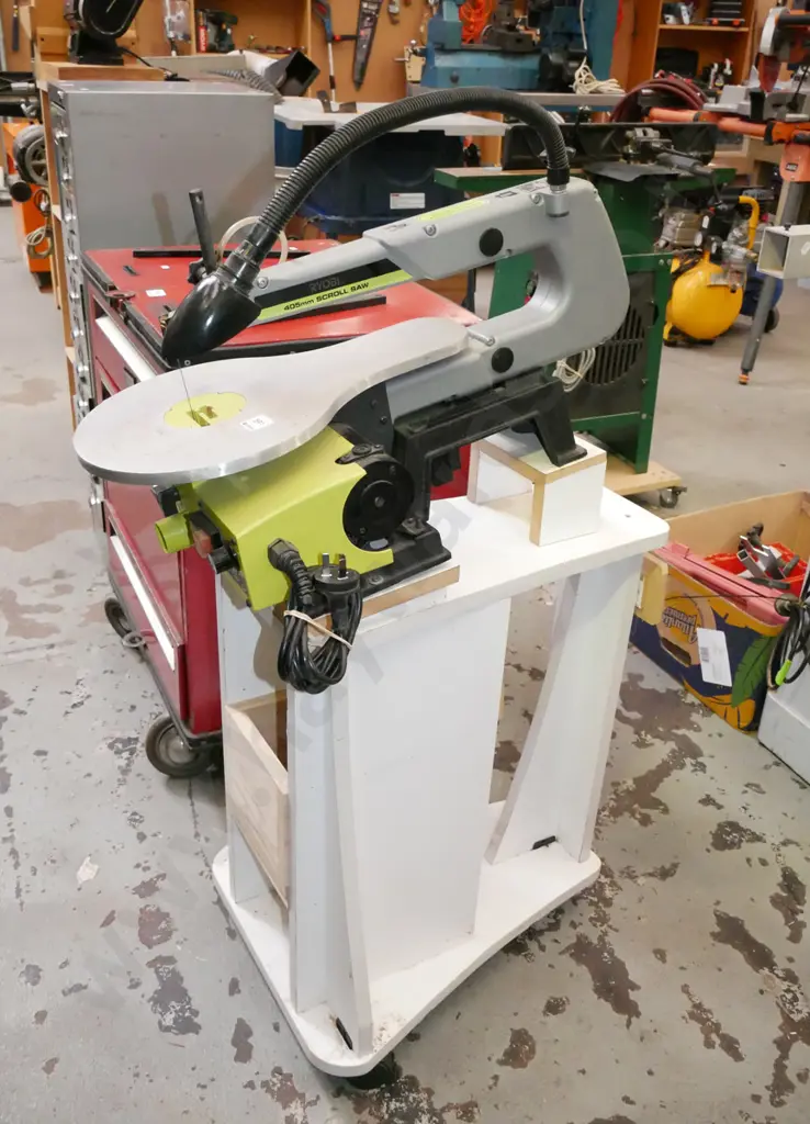 Ryobi 455mm scroll saw with adjustable light fitting on homemade stand and accessories Image 1++