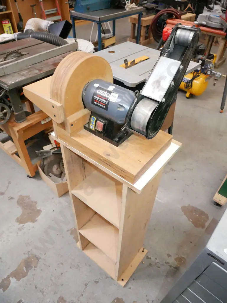 Ozito bench grinder and belt sander on homemade wooden stand Image 1++