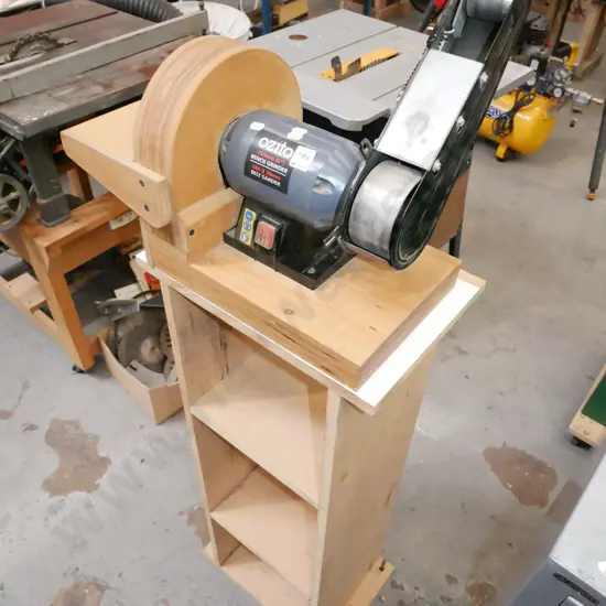 Ozito bench grinder and belt sander on homemade wooden stand