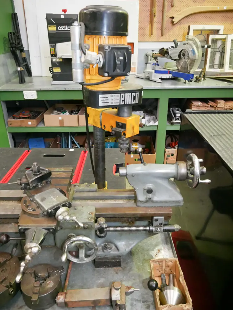 Myford engineers lathe on homemade stand with Emco mounted milling machine Image 1++