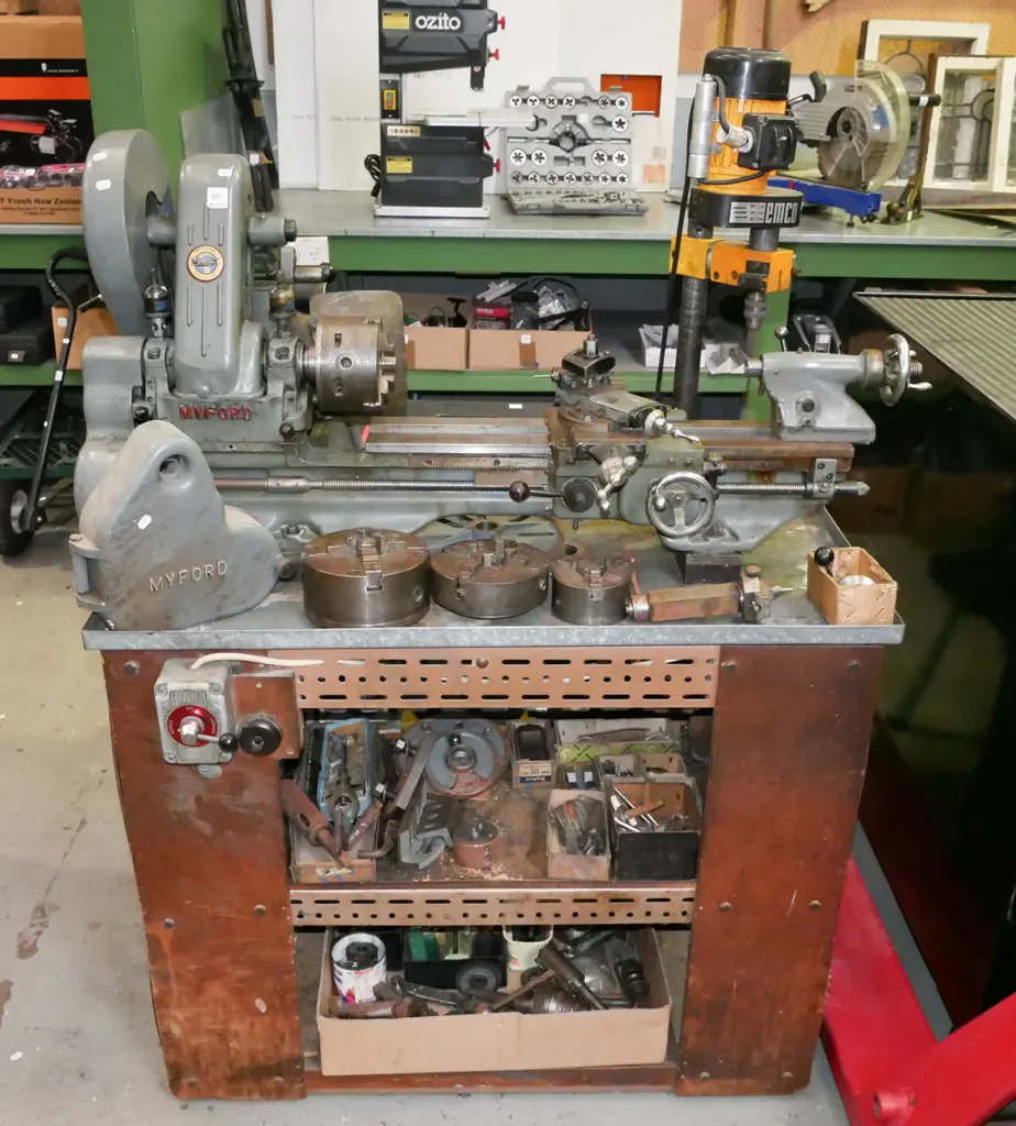 Myford engineers lathe on homemade stand with Emco mounted milling machine Image 1++