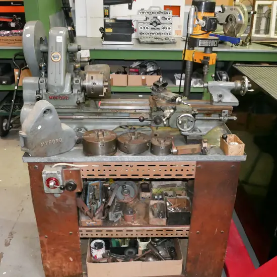 Myford engineers lathe on homemade stand with Emco mounted milling machine