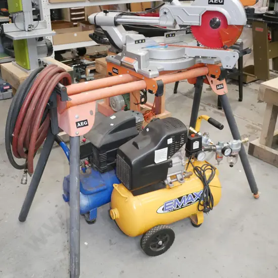 AEG sliding drop saw with matching foldaway stand